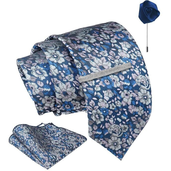 Axlon Blue Floral Tie For Men  Formal Ties Set With Pocket Square, Cufflink, Tie Clip & Flower Pin With Gift Box For Mens (Axfbk3)