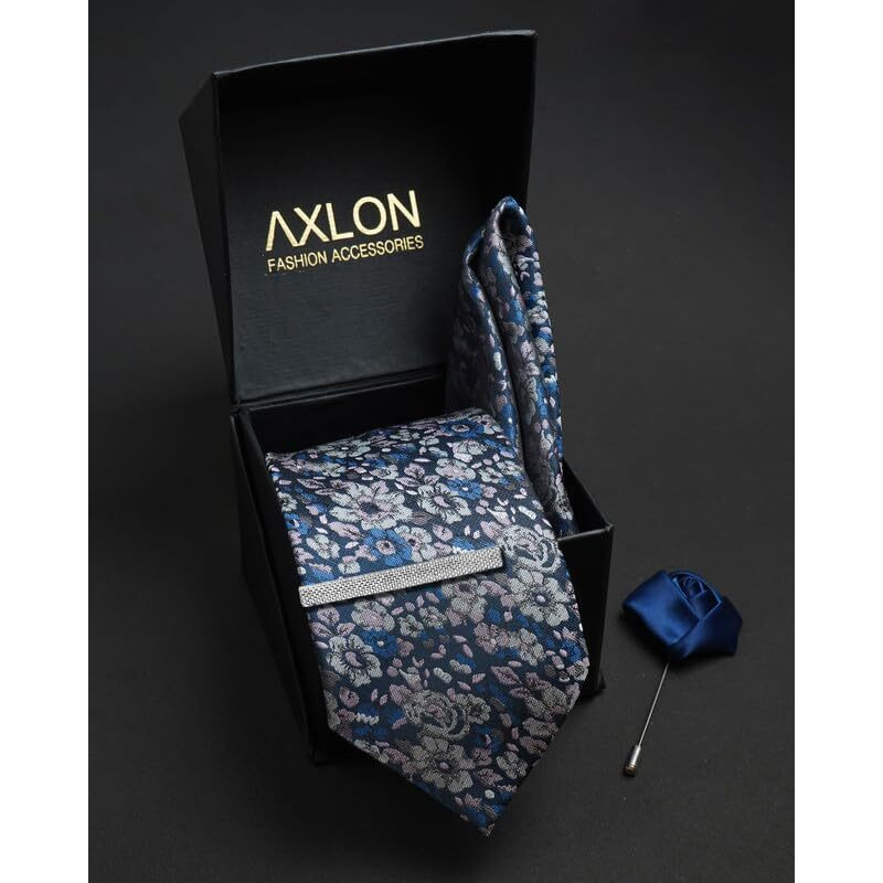 Axlon Blue Floral Tie For Men  Formal Ties Set With Pocket Square, Cufflink, Tie Clip & Flower Pin With Gift Box For Mens (Axfbk3)