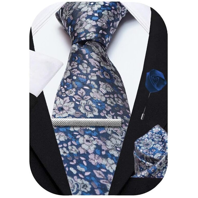 Axlon Blue Floral Tie For Men  Formal Ties Set With Pocket Square, Cufflink, Tie Clip & Flower Pin With Gift Box For Mens (Axfbk3)