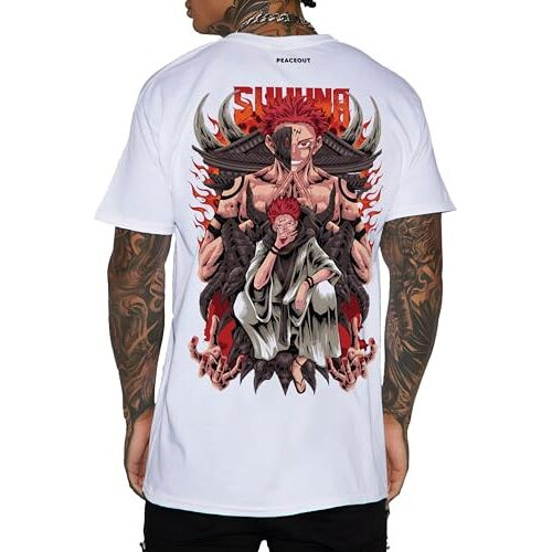 Peaceout Unisex Cotton Slim Fit T-Shirt With Anime Printed Jujutsu Kaisen Sukuna (White) (Small, White)