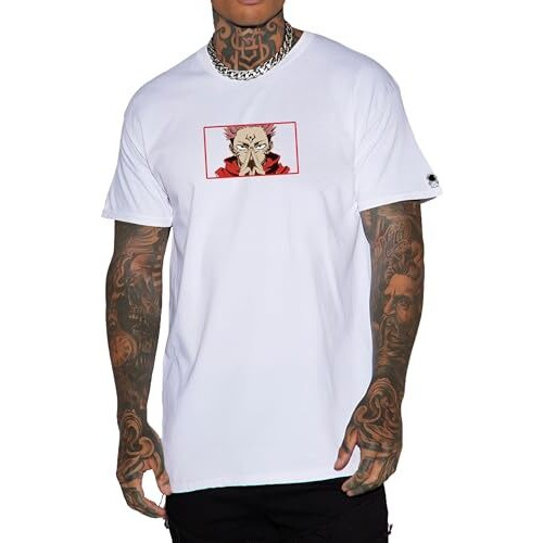 Peaceout Unisex Cotton Slim Fit T-Shirt With Anime Printed Jujutsu Kaisen Sukuna (White) (Small, White)