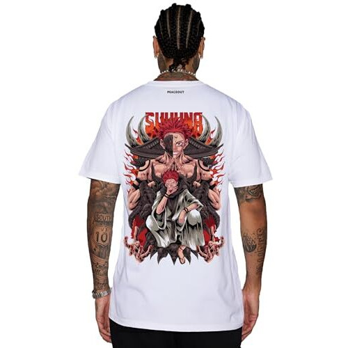 Peaceout Unisex Cotton Slim Fit T-Shirt With Anime Printed Jujutsu Kaisen Sukuna (White) (Small, White)