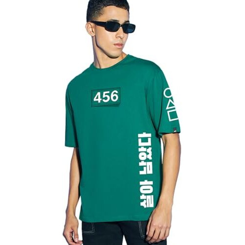 Bewakoof Official Squid Game Merchandise Men's Typography Oversized Fit Half Sleeve Round Neck Cotton Jersey T-Shirt_655110_Green_2Xl