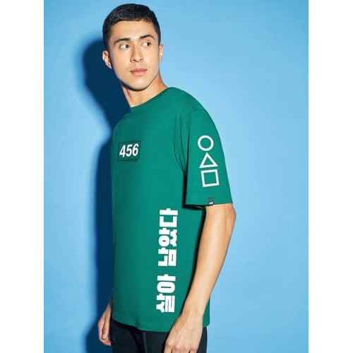 Bewakoof Official Squid Game Merchandise Men's Typography Oversized Fit Half Sleeve Round Neck Cotton Jersey T-Shirt_655110_Green_2Xl