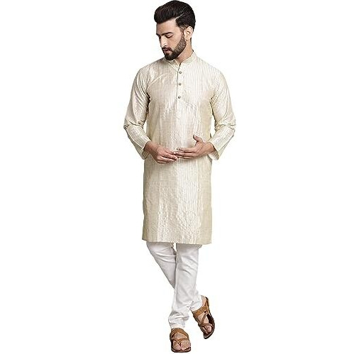Sojanya (Since 1958 Men's Silk Blend Cream Pintex Kurta And White Churidar Pyjama Set