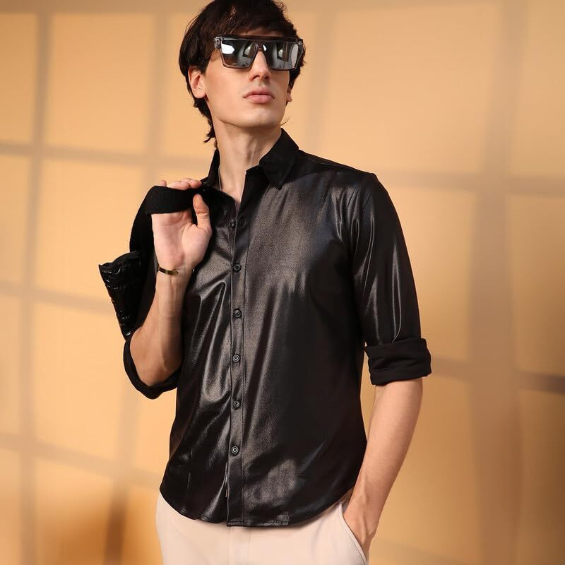Campus Sutra Men's Polyester Blend Obsidian Black Solid Suede Shirt For Casual Wear | Spread Collar | Long Sleeve | Button Closure | Shirt Crafted With Comfort Fit For Everyday Wear, Large