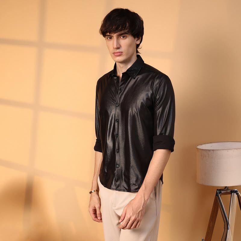Campus Sutra Men's Polyester Blend Obsidian Black Solid Suede Shirt For Casual Wear | Spread Collar | Long Sleeve | Button Closure | Shirt Crafted With Comfort Fit For Everyday Wear, Large