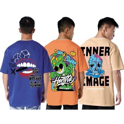 Veirdo Blue,Orange,Beige Oversized Baggy Fit Drop Shoulder Half Sleeves Round Neck Printed Pure Cotton T-Shirt For Men(Po3_Os_V_Oldshl_Hslor_Inrmg_L)