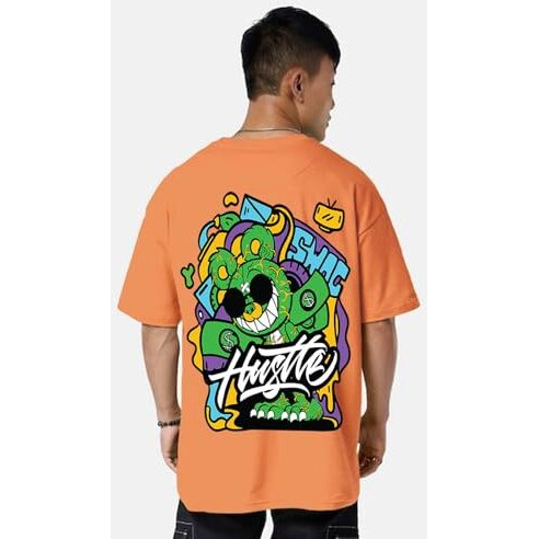 Veirdo Blue,Orange,Beige Oversized Baggy Fit Drop Shoulder Half Sleeves Round Neck Printed Pure Cotton T-Shirt For Men(Po3_Os_V_Oldshl_Hslor_Inrmg_L)