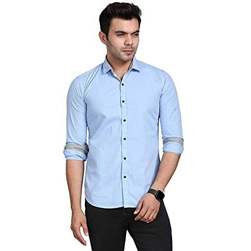 Zombom Men's Solid Cotton Blend Regular Fit Full Sleeve Collared Neck Casual Shirt Blue