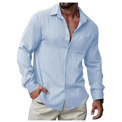 Deelmo Men's Button Down Dress Shirts Textured Long Sleeve Casual Hawaiian Beach Shirt With Pocket Sky Blue, Xl