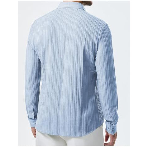 Deelmo Men's Button Down Dress Shirts Textured Long Sleeve Casual Hawaiian Beach Shirt With Pocket Sky Blue, Xl