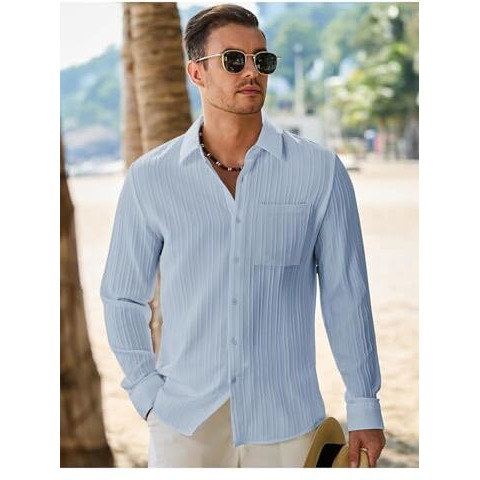 Deelmo Men's Button Down Dress Shirts Textured Long Sleeve Casual Hawaiian Beach Shirt With Pocket Sky Blue, Xl