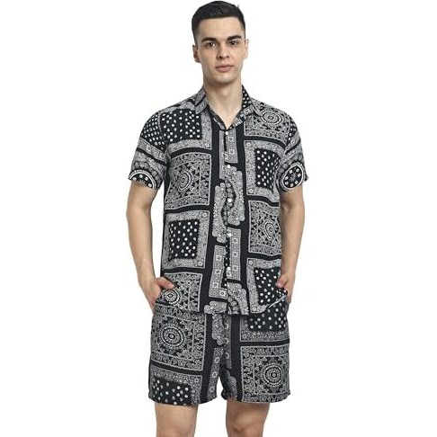 Leriya Fashion Night Dress For Men || Rayon Multi Printed Night Dress For Women || Summer & Beach Wear For Men || Sleepwear Pajama Set For Men || Vacation || (X-Large, Black) Lf-Ms-6098&Sh183