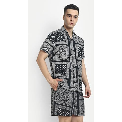 Leriya Fashion Night Dress For Men || Rayon Multi Printed Night Dress For Women || Summer & Beach Wear For Men || Sleepwear Pajama Set For Men || Vacation || (X-Large, Black) Lf-Ms-6098&Sh183