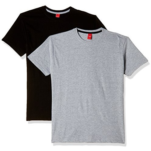 Scott International Men's Basic Cotton Round Neck Half Sleeve Solid Regular Fit T-Shirts - Pack Of 2-2Rn-Bl-Gr-L Black, Grey