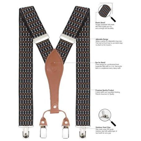 Peluche Dotted Fashion Black, White & Brown Colored 3.5Cm Strap Width Elastic Suspenders For Men