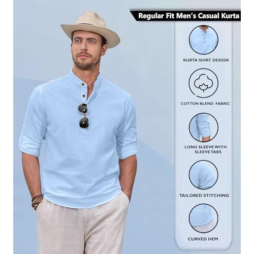 Zombom Men's Kurta || Chinese Collar Long Sleeves || Straight Hip Length Kurtas || Short Kurta For Men || For Festival || Function || Occasion Wear Fancy Kurta Sky Blue