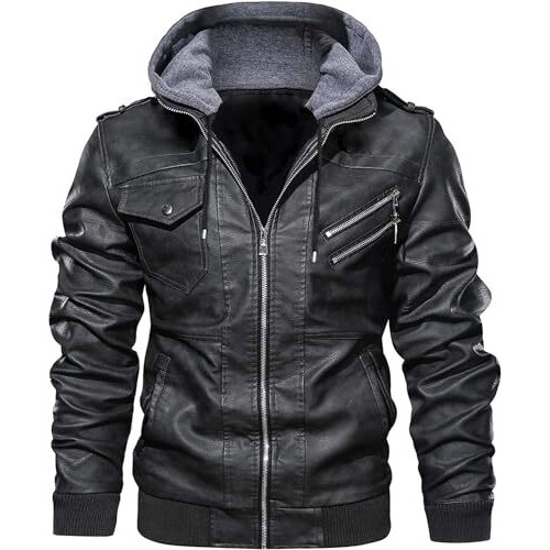 Blaq Ash Men's Faux Leather Hooded Motorcycle Jacket, Zip-Up, With Pockets, Removable Hood (Medium, Black)
