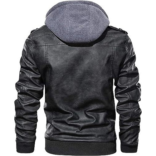 Blaq Ash Men's Faux Leather Hooded Motorcycle Jacket, Zip-Up, With Pockets, Removable Hood (Medium, Black)