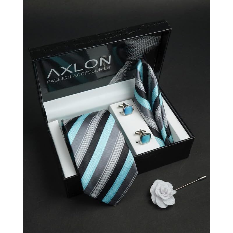 Axlon Peacock Blue Geometric Tie For Men  Formal Ties Set With Pocket Square & Tie Pin Clip For Mens, Silk Neckties Gift Sets For MenS (Ax24_9)