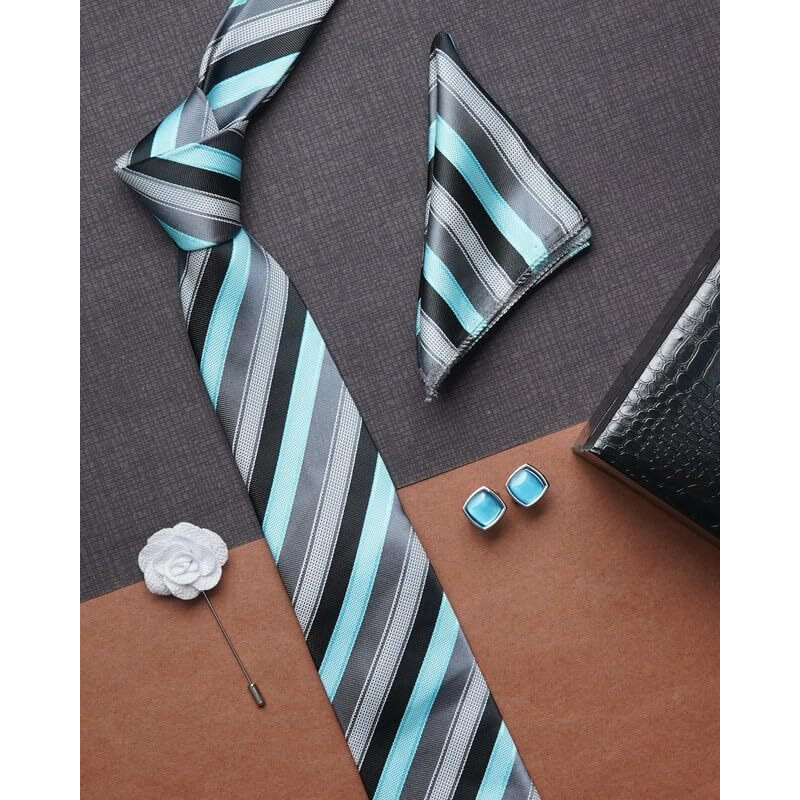 Axlon Peacock Blue Geometric Tie For Men  Formal Ties Set With Pocket Square & Tie Pin Clip For Mens, Silk Neckties Gift Sets For MenS (Ax24_9)