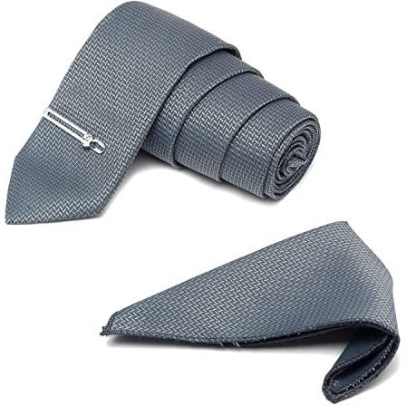 Mutaqinoti Mens Grey Woven Premium Silk Necktie Suit Accessories Set With Pocket Square And Chrome Tie Pin (Te-Cp)