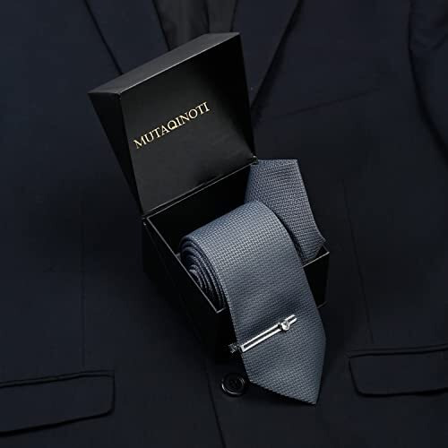 Mutaqinoti Mens Grey Woven Premium Silk Necktie Suit Accessories Set With Pocket Square And Chrome Tie Pin (Te-Cp)