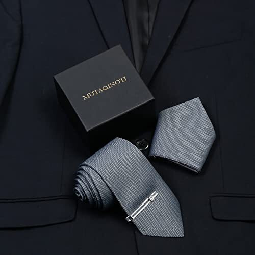 Mutaqinoti Mens Grey Woven Premium Silk Necktie Suit Accessories Set With Pocket Square And Chrome Tie Pin (Te-Cp)