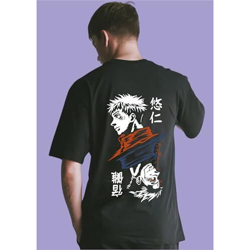 Uniplanet Store Cotton 3/4 Sleeve Mens Oversized Black T-Shirt, Anime Jujutsu Oversized Back Printed T Shirt S Size