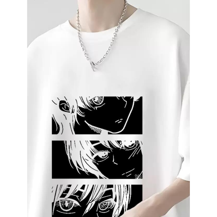 Thalasi Men Anime Oversized Baggy Fit T-Shirt | 100% Cotton | White | Anime Print | Round Neck | Half Sleeve