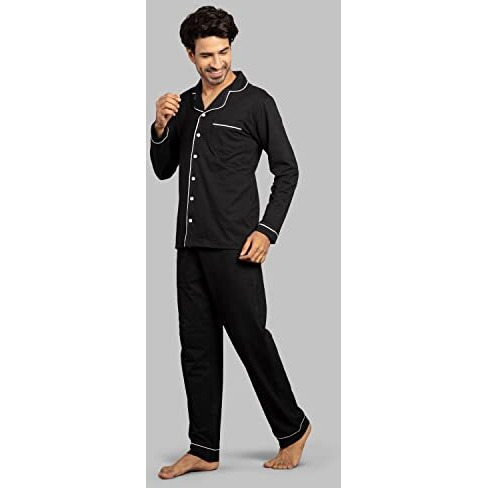 Nite Flite Black Mens Cotton Nightwear Full Sleeve | Top And Pyjama Set (Black, L)