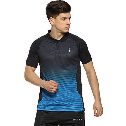 Campus Sutra Men's Jet Black & Sky Blue Ombre Polo Activewear T-Shirt For Casual Wear | Spread Collar | Short Sleeve | Half-Button Closure | Jersey T-Shirt Crafted With Comfort Fit For Everyday Wear