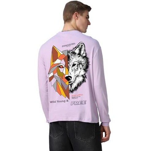 Bewakoof Men's Graphic Printed Oversized Fit Full Sleeve Round Neck Cotton Jersey T-Shirt 636686 Purple L