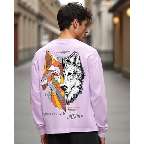 Bewakoof Men's Graphic Printed Oversized Fit Full Sleeve Round Neck Cotton Jersey T-Shirt 636686 Purple L