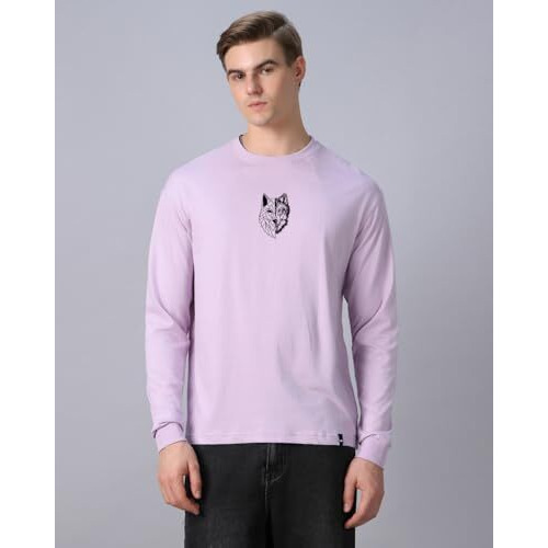 Bewakoof Men's Graphic Printed Oversized Fit Full Sleeve Round Neck Cotton Jersey T-Shirt 636686 Purple L