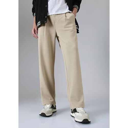 Kotty Men's Relaxed Fit Pleated Trousers | Casual Elastic Waist Straight-Leg Pants With Pockets | Stylish Formal & Casual Wear(Beige,34)