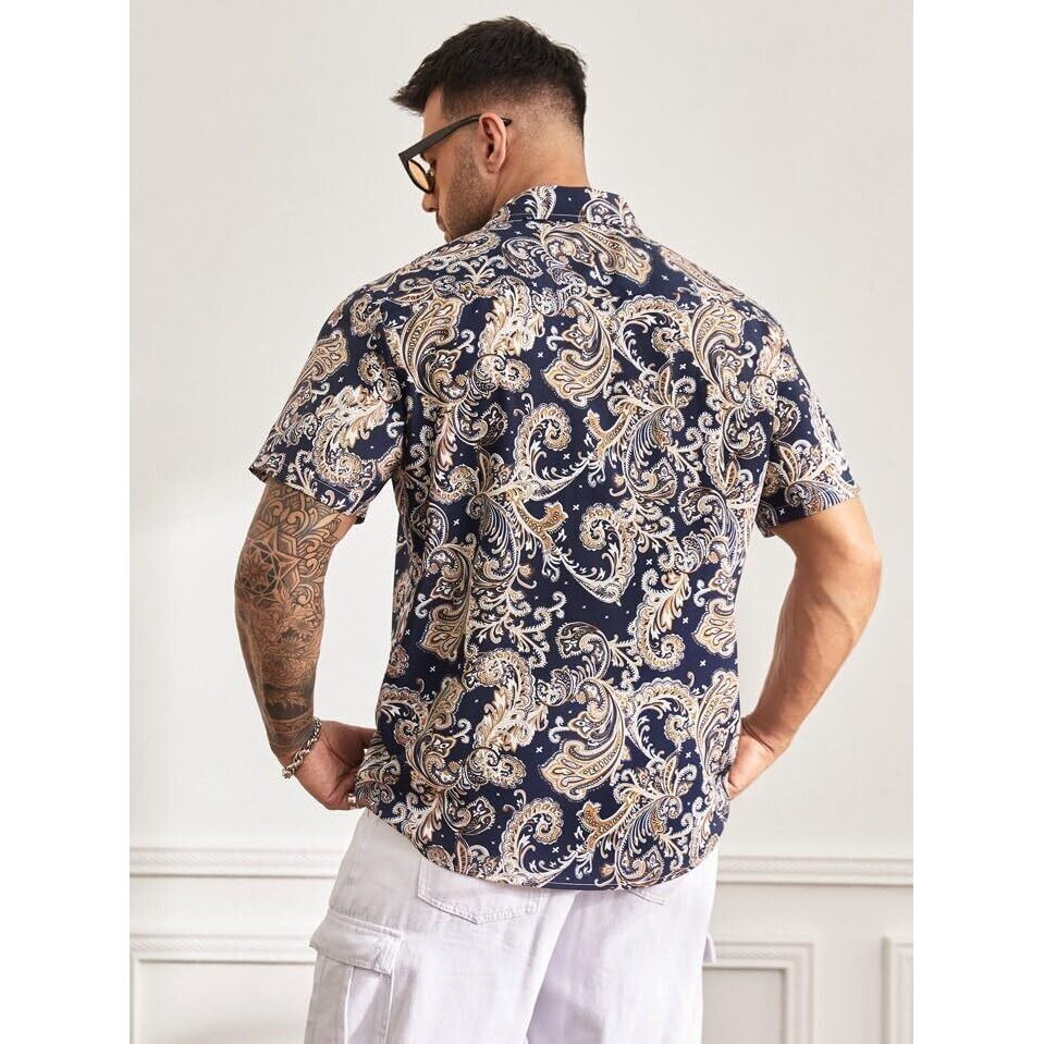 Lookmark Men's Vibrant Printed Half Sleeve Loose Fit Casual Shirt In Cotton Blend  Perfect For Beach Days, Everyday Comfort, And Effortless Style (Az-Lm-Og-Printed Shirt Regal-M) Navy Blue