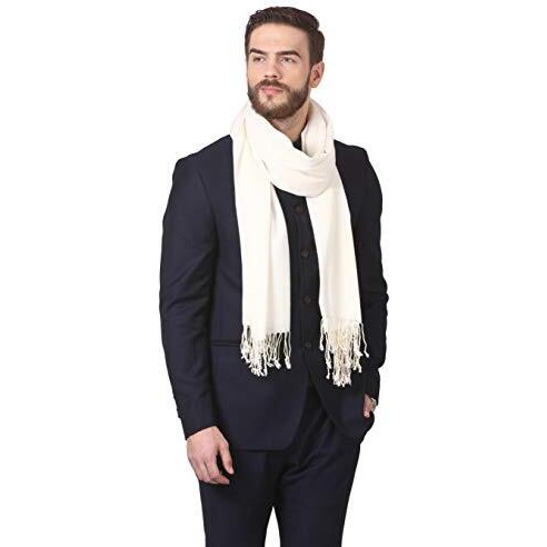 Pashtush Jaquard Weave Stole For Men, Fine Wool Stole, Light Weight, Woven Embelished Design, Mens Scarf (White)