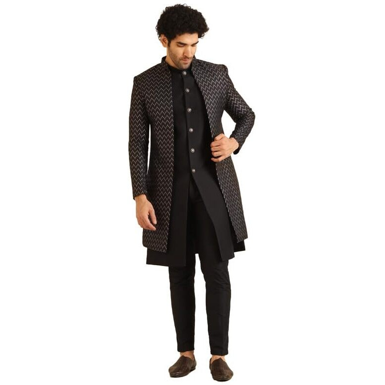Kisah Men's Indo-Western Waistcoat Sherwani Trouser Set, Black Jacquard, Woven Design Regular Fit Mandarin Collar Long Sleeves (40)