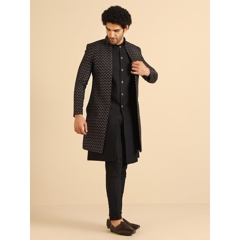 Kisah Men's Indo-Western Waistcoat Sherwani Trouser Set, Black Jacquard, Woven Design Regular Fit Mandarin Collar Long Sleeves (40)