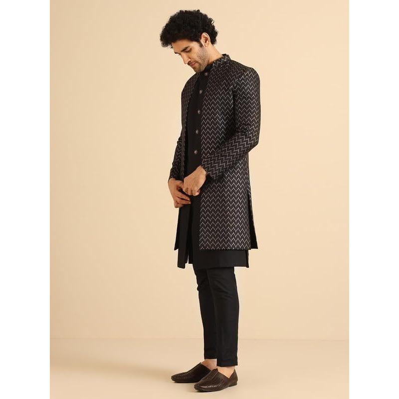 Kisah Men's Indo-Western Waistcoat Sherwani Trouser Set, Black Jacquard, Woven Design Regular Fit Mandarin Collar Long Sleeves (40)