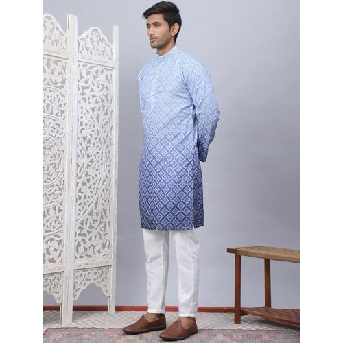 Jompers Blue Men's Ombre Printed Kurta Pyjama Set (Blue, Xl)