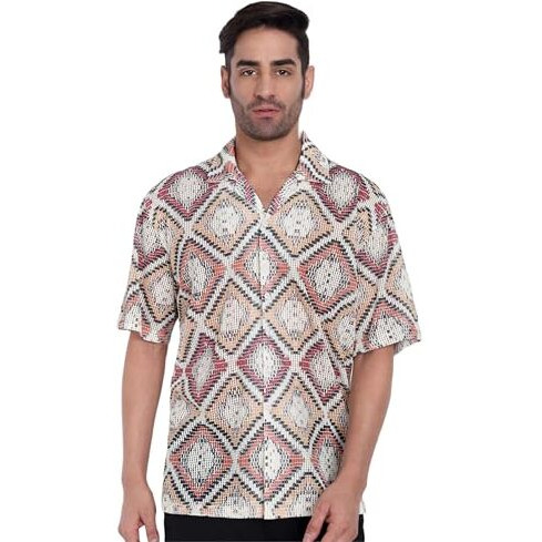 Stysure Men's Cotton Shirt | Casual | Printed | Short Sleeve | Summer - Oversize Fit Size - Xl | Orange