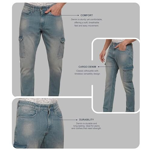 I'sol Men's Loose Baggy Fit Everyday Cargo Jeans With 6 Pockets Non-Stretchable