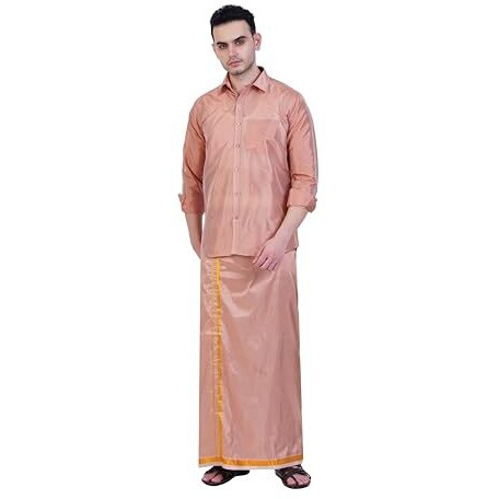 Prakasam Cotton-Mens Art Silk Wedding Set/Art Silk 8 Mulam (8-Yard) Dhoti And Stitched Full Sleeve Shirt