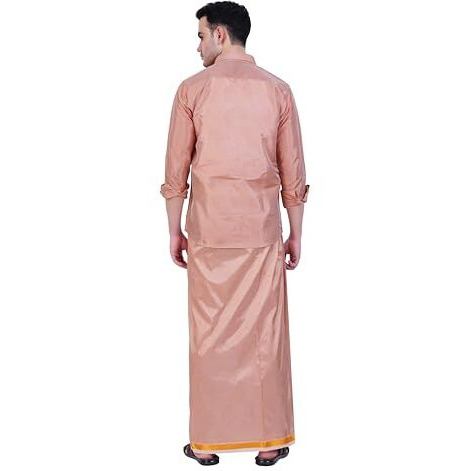 Prakasam Cotton-Mens Art Silk Wedding Set/Art Silk 8 Mulam (8-Yard) Dhoti And Stitched Full Sleeve Shirt