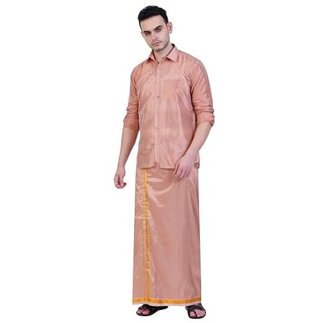 Prakasam Cotton-Mens Art Silk Wedding Set/Art Silk 8 Mulam (8-Yard) Dhoti And Stitched Full Sleeve Shirt