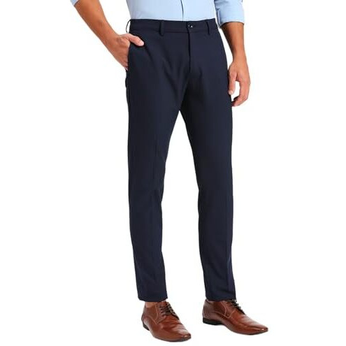 Saintx Men's Stretchable Formal Pants | Flat Front Slant Pocket Mid Rise Trousers (Slim Fit) No Pleat | Office Or Party | Fashion Dress Pant With Expandable & Anti-Slip Waistband (Saintr02_Navy_34)