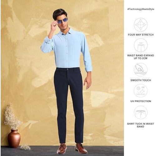 Saintx Men's Stretchable Formal Pants | Flat Front Slant Pocket Mid Rise Trousers (Slim Fit) No Pleat | Office Or Party | Fashion Dress Pant With Expandable & Anti-Slip Waistband (Saintr02_Navy_34)